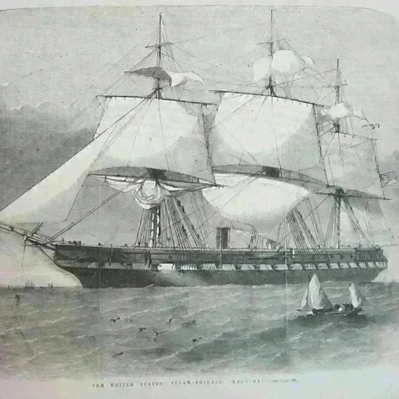 Art Print United States Steam Frigate Merrimack Naval Ship Seascape Antique 1856 - Picture 5 of 12